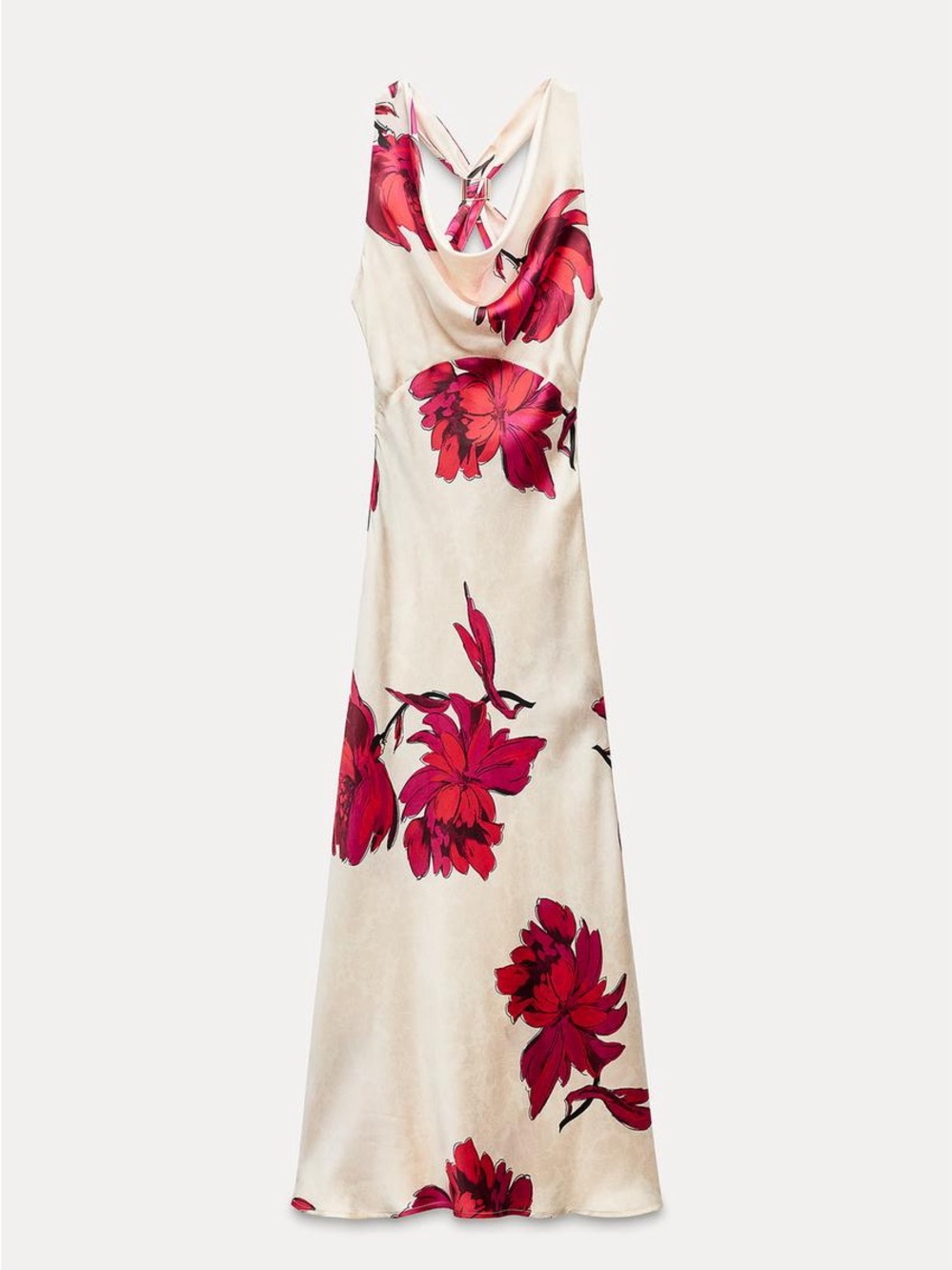 Zara Cream Maxi Slip Dress with Red Floral Print